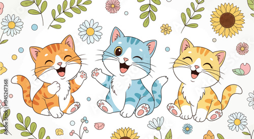 Three happy cartoon kittens with colorful floral background.