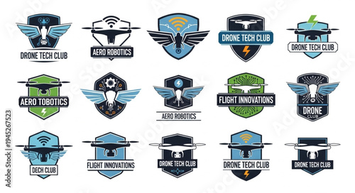 Collection of drone tech club emblems and logos.