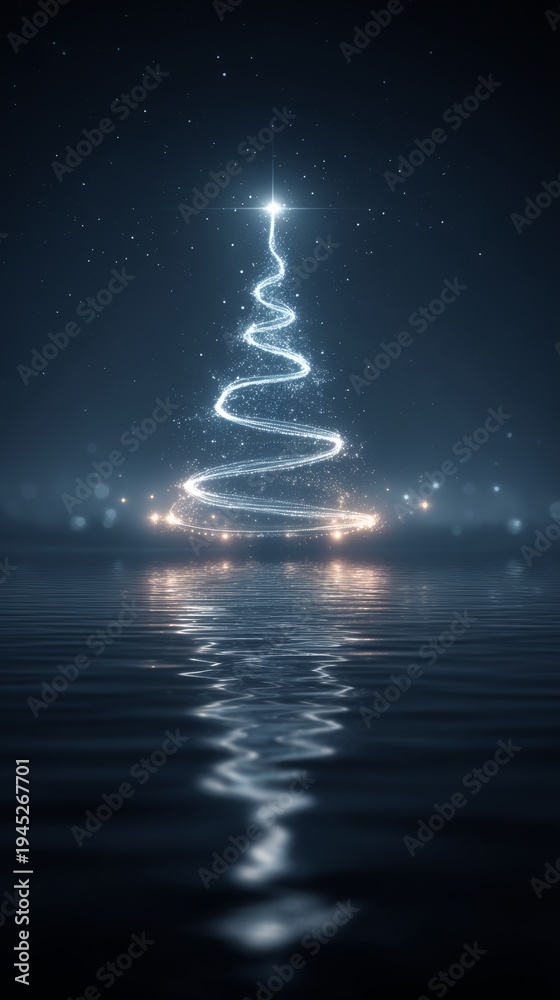 Obraz premium An abstract Christmas tree, adorned with twinkling lights and a crown star, mirrors itself in the water beneath, ideal for festive greetings