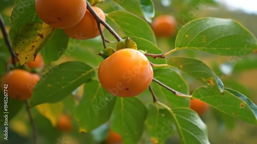 Ripe orange persimmon fruits hanging on a tree branch in an autumn orchard. Close up of kaki fruit harvest season with vibrant green leaves for healthy eating and agriculture concepts