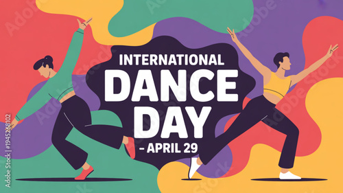 Two dancers celebrate international dance day on april 29 with colorful abstract background