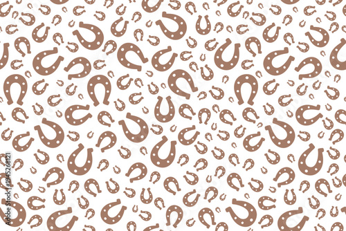 Mocha-colored lucky horseshoe silhouette. Continuous horizontal vector pattern. Seamless animal print. Isolated colorless background. Chocolate-colored horse shoes. St. Patrick's Day. Flat style. 