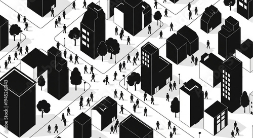 Isometric city illustration with buildings and people walking.