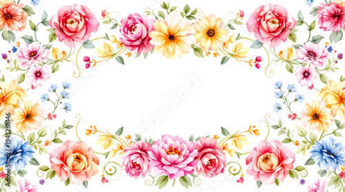 Dreamy floral watercolor border embracing a bright minimal background