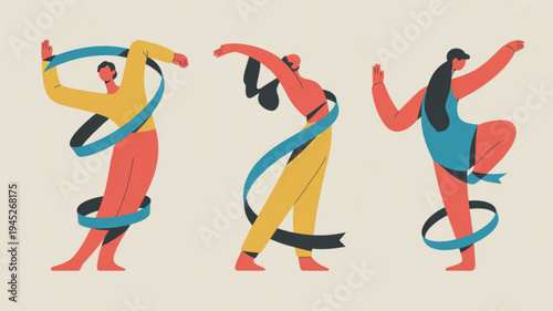 Three women practicing yoga with ribbon like bands around their bodies in various poses