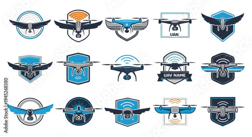 Collection of Drone Emblems and Logos Featuring Eagles and Shields.