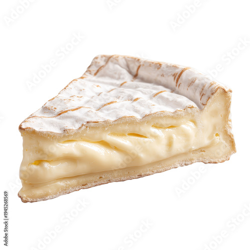 Vibrant photo of Wedge of soft cheese, creamy and rich with a bloomy white rind, isolated on transparent background