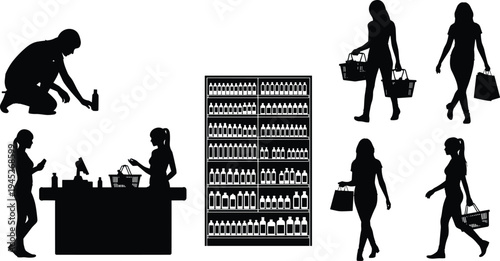 Black and white silhouettes of people shopping at a grocery store with checkout counter, product shelves, baskets, and shopping bags