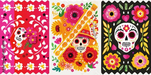 Colorful papel picado banners with floral and skull motifs