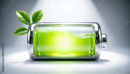 Green energy concept with a glowing battery and fresh leaves on a gray background.