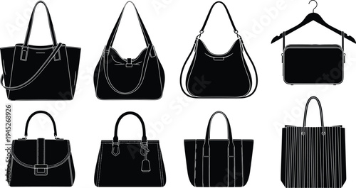 Black and white silhouettes of various fashion handbags and purses including tote bags, satchels, crossbody bags, and a shoulder bag