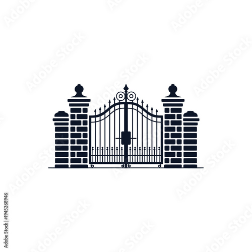Ornate Iron Gate with Brick Pillars and Fancy Design Elements on White Background Illustration