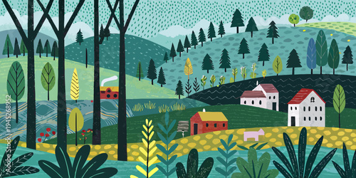 Stylized illustration of a colorful village nestled within rolling hills
