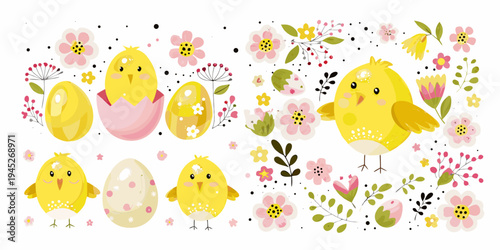 Cute cartoon chicks eggs and flowers in a spring illustration