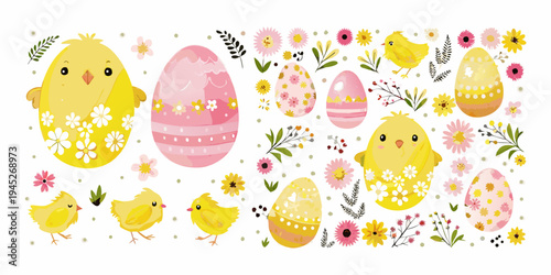 Cute easter chicks decorated eggs and spring floral elements illustration