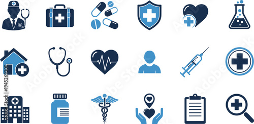 Healthcare and medical flat icons set with doctor hospital syringe heart and pharmacy vector collection