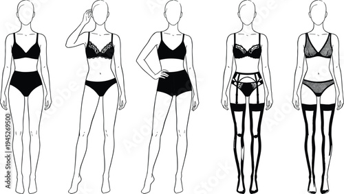 Women lingerie fashion figure set, female body templates wearing bra panties garter stockings, underwear fashion illustration for apparel design