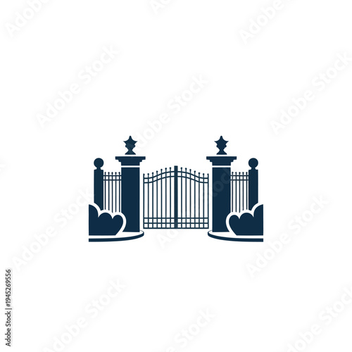 Elegant entrance gate with pillars and star finials, decorative fence and floral details in navy blue