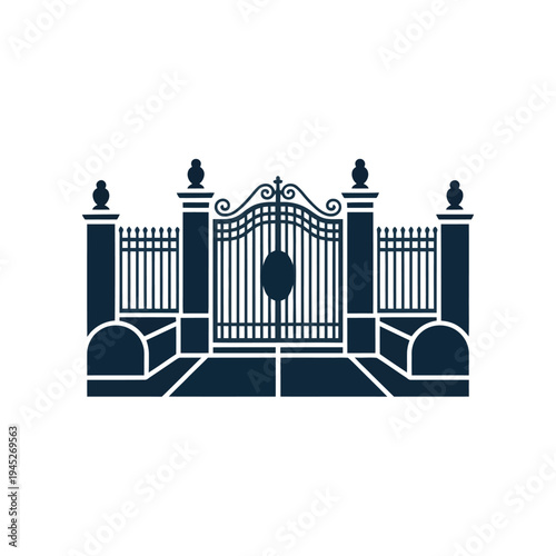 Ornate Iron Gate with Pillars and Fence on White Background, Decorative Entrance Illustration