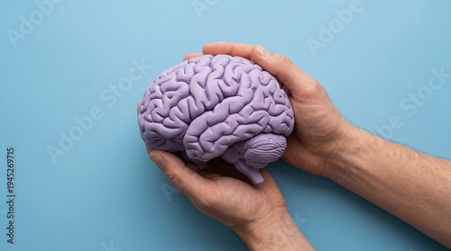 brain model autistic brain on light blue background world mental health day concept human hands presenting a brain model, emphasizing neurology, cognitive development,