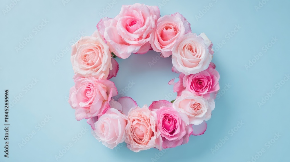 Fototapeta premium lay. Circular arrangement of vibrant roses against a blue background, top-down view. gardening catalogs, home-decor guides, designed for gardening and botanical catalogs, used by data analysts.