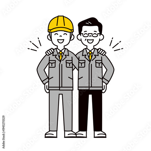 肩を組んで団結・連携する、工場・現場の男性作業員たちのシンプルな全身ベクターイラスト素材