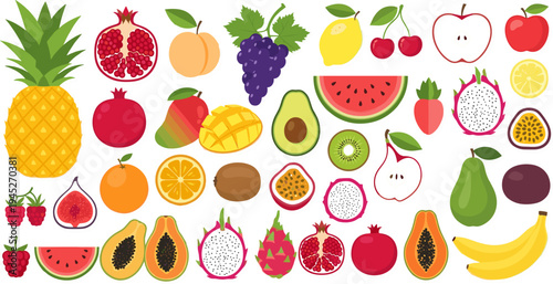 Vibrant Tropical and Exotic Fruits Set Featuring Pineapple, Watermelon, Kiwi, Papaya, Mango, and More for Fresh Food Designs