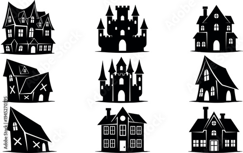 Haunted house and spooky castle silhouette vector set for Halloween theme isolated on light background illustration