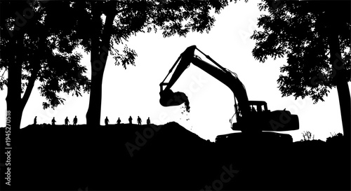 Construction Site Digging Silhouette - Men Shoveling Dirt with Heavy Machinery and Excavation Background Vector