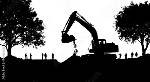 Construction Site Digging Silhouette - Men Shoveling Dirt with Heavy Machinery and Excavation Background Vector