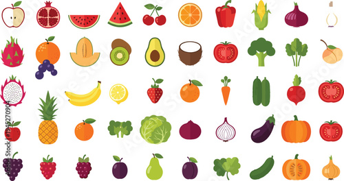 Colorful Fruits and Vegetables Illustration Set Featuring Apples, Watermelon, Avocado, Pumpkin, and More for Healthy Food Designs
