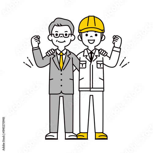 笑顔で肩を組んで頑張る、スーツ姿の社長・経営者と若い現場監督の全身ベクターイラスト素材
