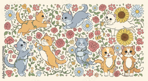 Whimsical illustration of playful cats among a vibrant garden of roses, sunflowers, and daisies, with intricate floral patterns and paw prints.