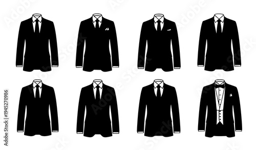 Formal business suits collection with classic tuxedo and office attire vector illustration set isolated on white background