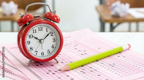  Red alarm clock and green pencil on a pink optical mark recognition answer sheet for standardized testing in a classroom setting
