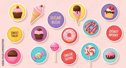 Collection of colorful sweet treats and desserts with text.
