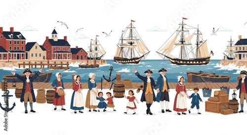 Colonial Harbor Evacuation Celebration With Tall Sailing Ships Historical Vector Illustration