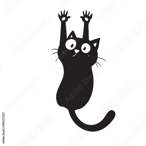Funny cartoon cat vector illustration with wide eyes, raised paws, elongated body, and playful hanging climbing pose