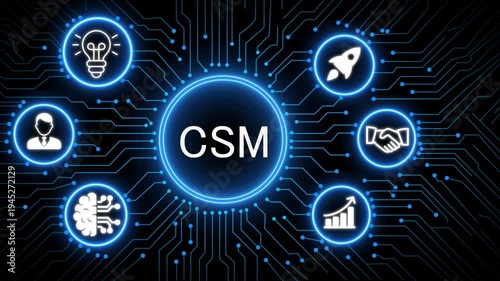 A glowing neon CSM concept surrounded by smaller icons for ai and manufacturing process management all connected in a digital circuit like pattern, manufacturing planning,4k	
