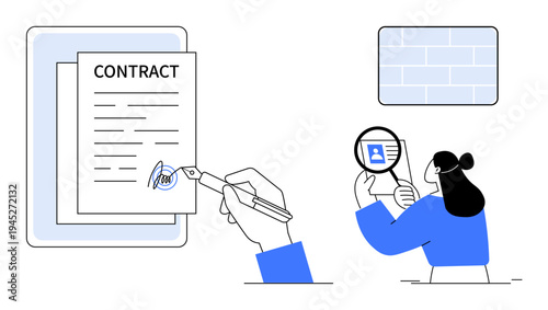 Contract validation. Contract signing process, highlighting agreement verification and authentication procedures. Contract accuracy ensures security and legal compliance. For legal, business