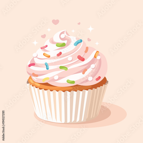 Pink cupcake with colorful sprinkles. Vector illustration of a delicious cupcake covered with creamy icing. Suitable for dessert menus, bakeries, holidays, culinary blogs, and dessert collections