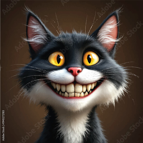 Funny cartoon cat vector illustration with exaggerated wide grin, bright yellow eyes, fluffy coat, and humorous playful expression