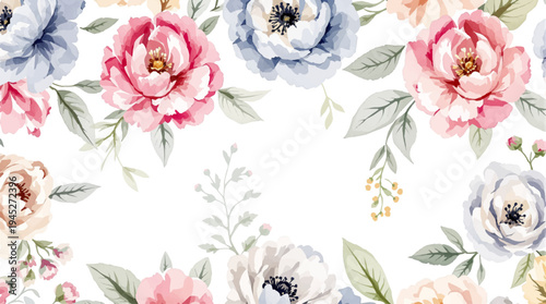 Gentle garden florals surrounding a serene center space designed for cards invitations and announcements