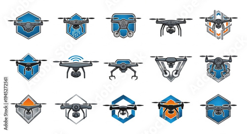 Collection of drone icons and emblems in blue and silver tones.