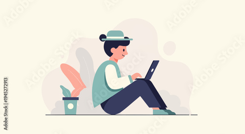 Person wearing hat typing on laptop with plant in pot