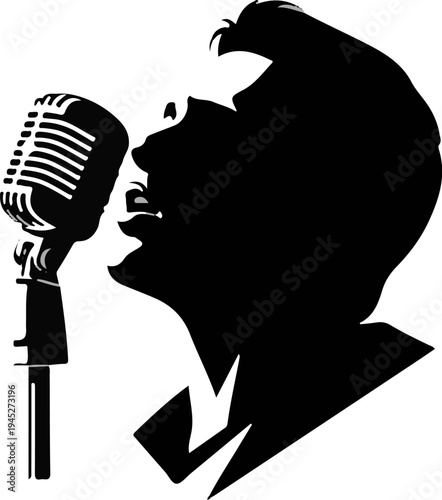 Silhouette of a person singing into a vintage microphone