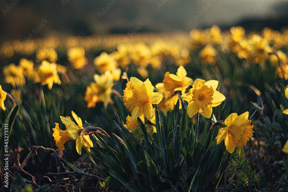 Obraz premium Golden daffodils bloom under soft sunlight in a field, a vibrant spring scene