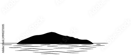 Silhouette of a solitary island surrounded by rippling water against a vast white background