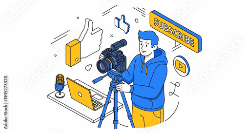 A business professional conducts data analysis during a meeting with a camera and laptop in a modern office setting for a live broadcast.