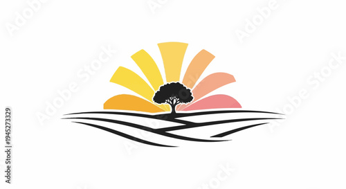 Silhouette of a tree against a vibrant, abstract sunburst over stylized fields